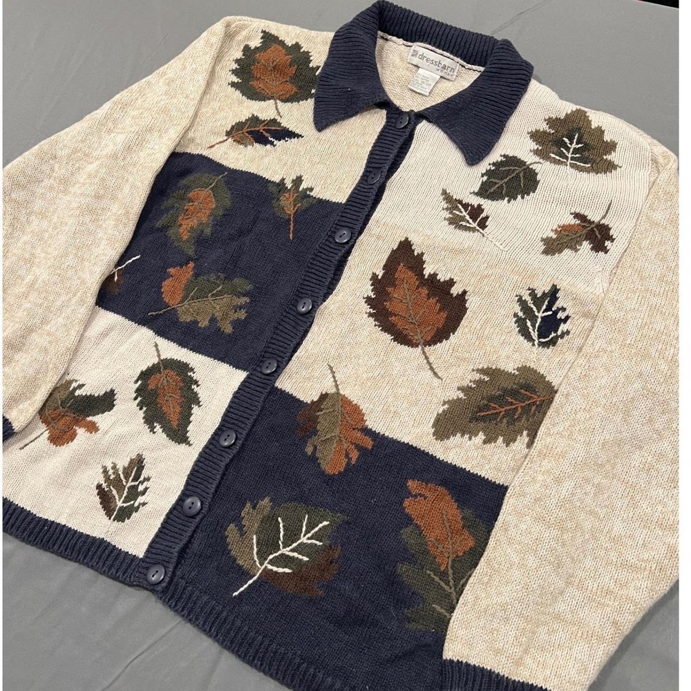 Vintage Dressbarn Woman Leaf Print Cardigan Sweater Plus Size 18/20 Blue Beige